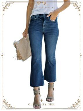 High Waisted Crop Flare Jeans Cropped Bell Bottom Denim Pants Raw Hem